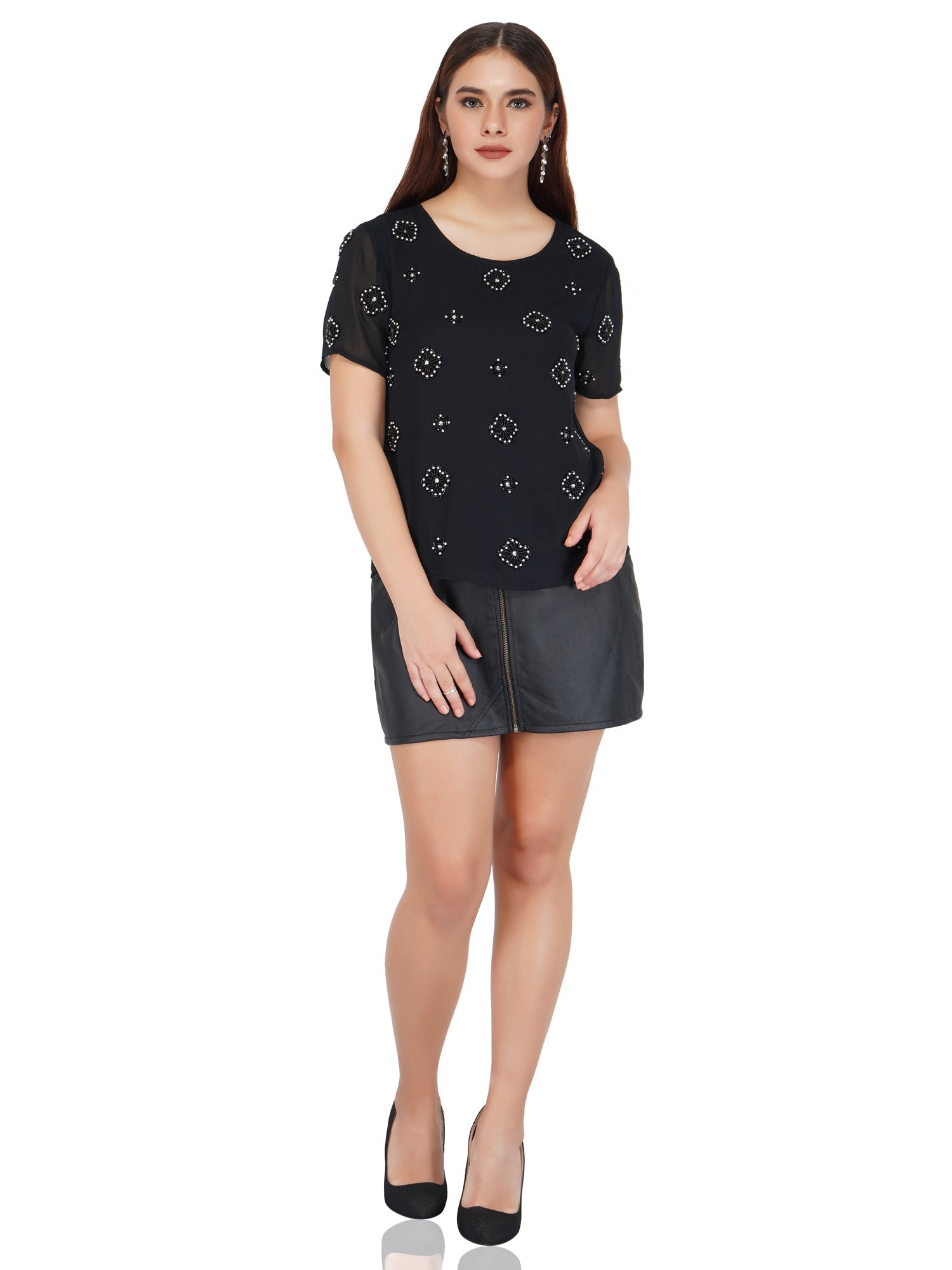 black half sleeve top with embroidery