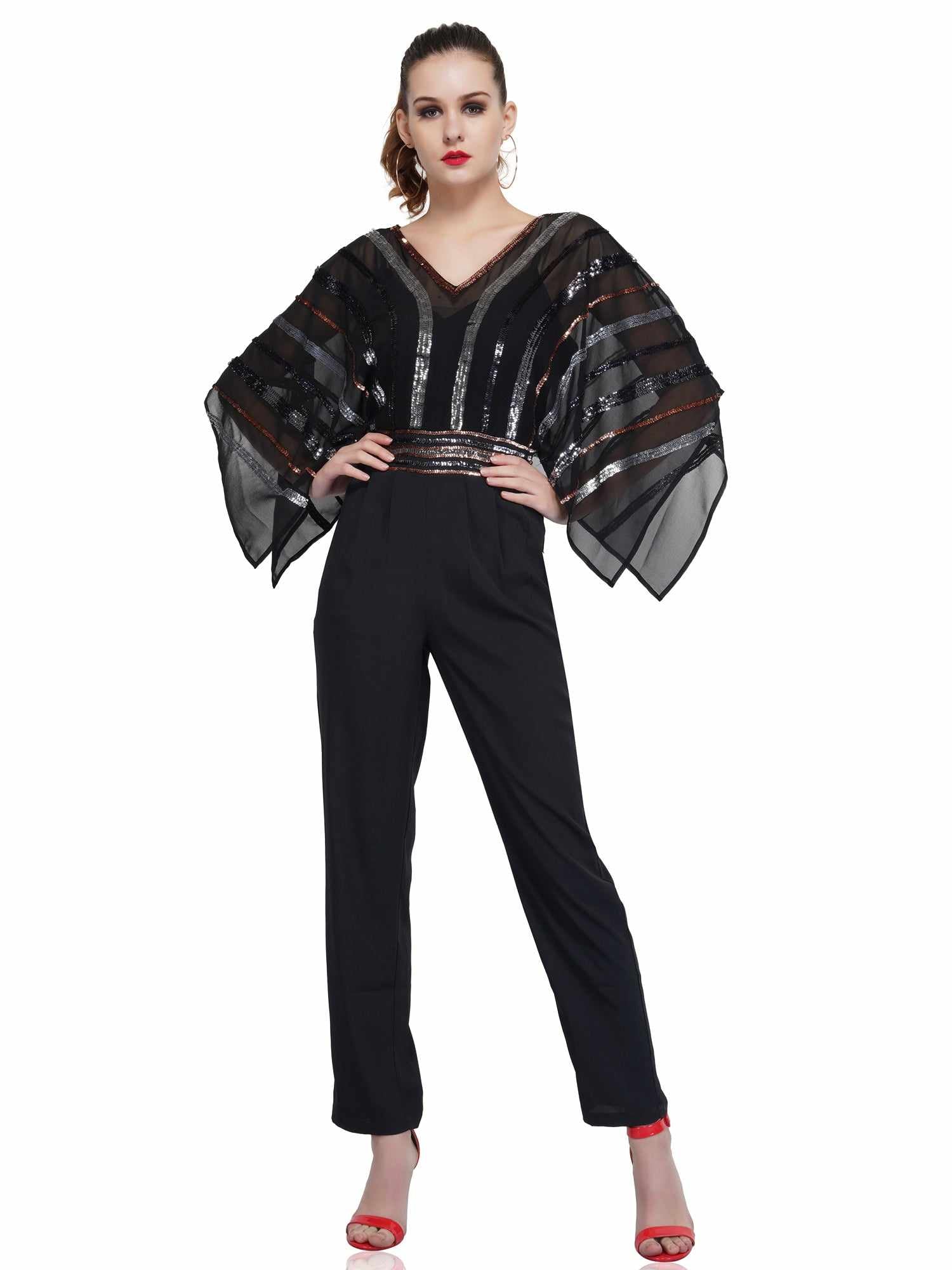 flutter sleeve rainbow sequin jumpsuit