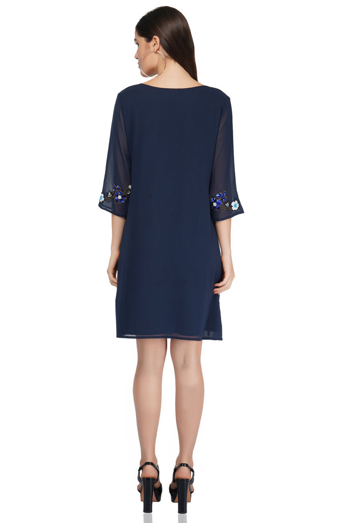 border embellished blue dress