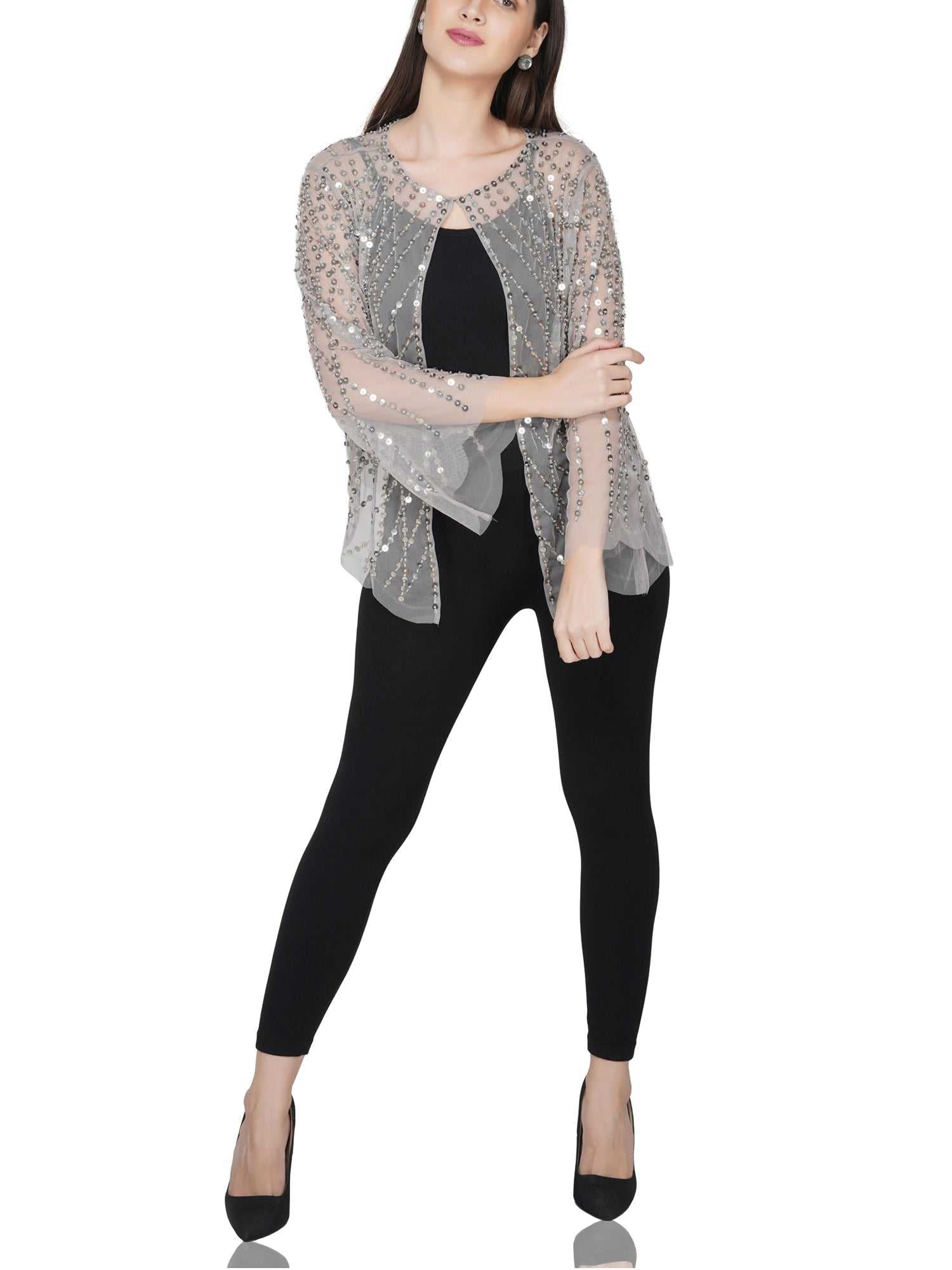 beige sequins embellished shrug jacket