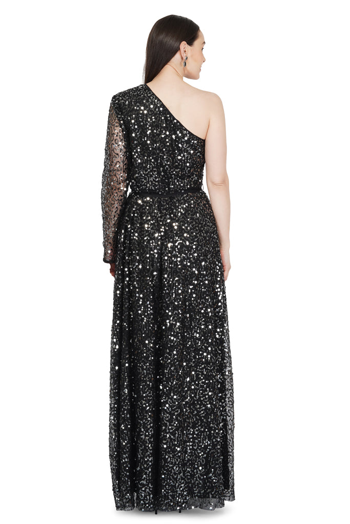 off shoulder black sequin gown