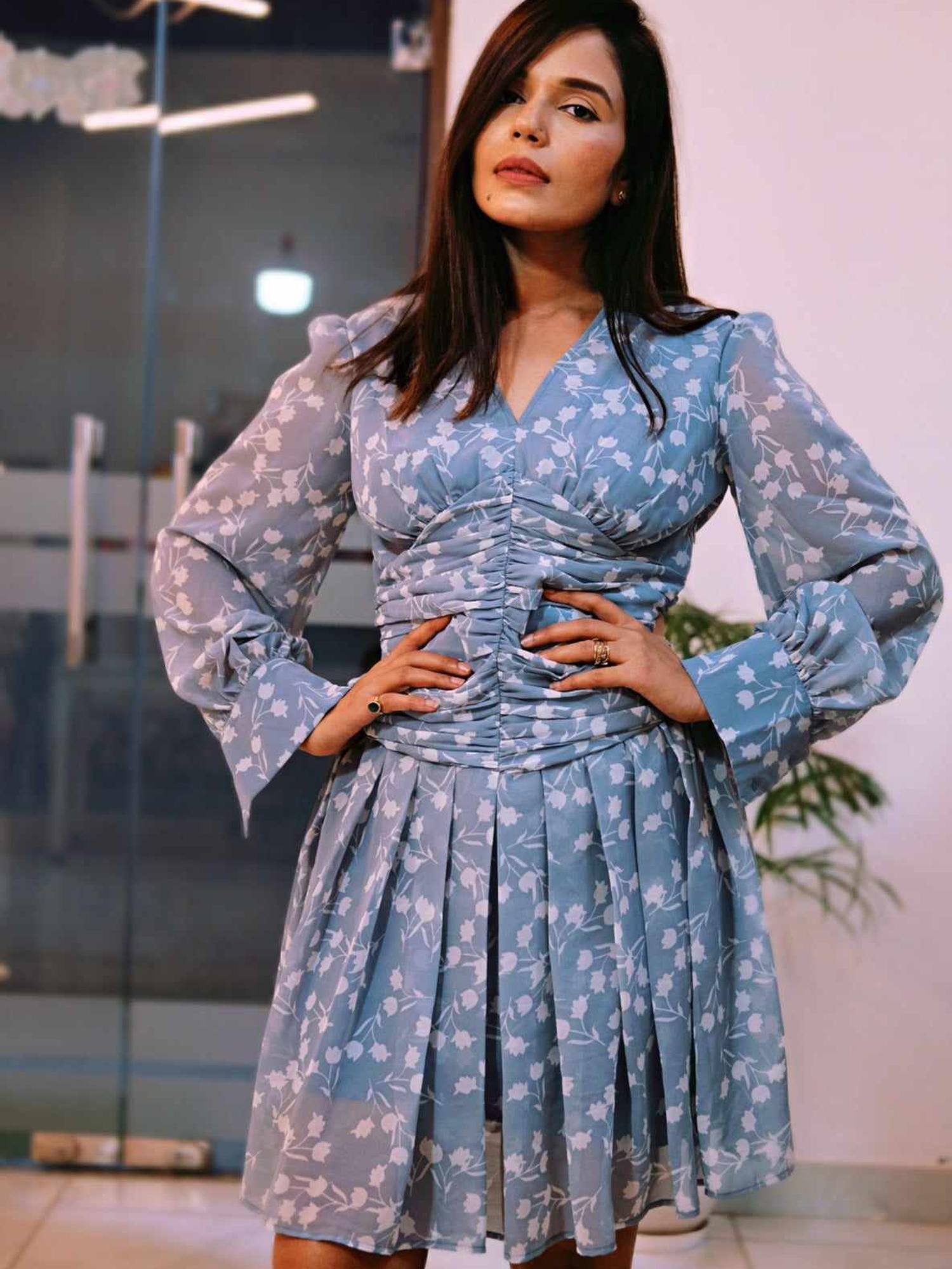 Printed Blue Polka Dots Mesh Dress