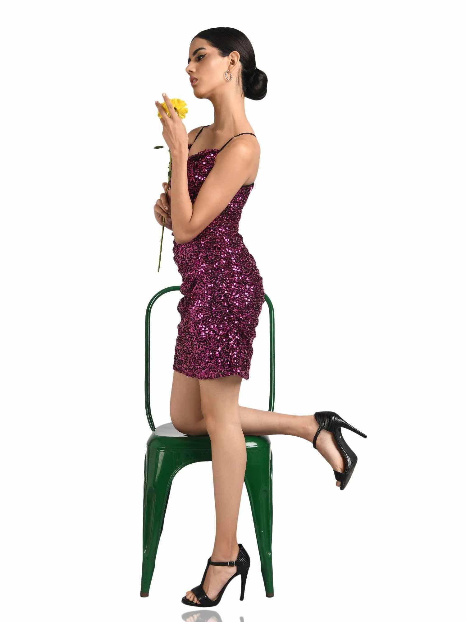 Hot Pink Ruched Cowl Neckline Dress