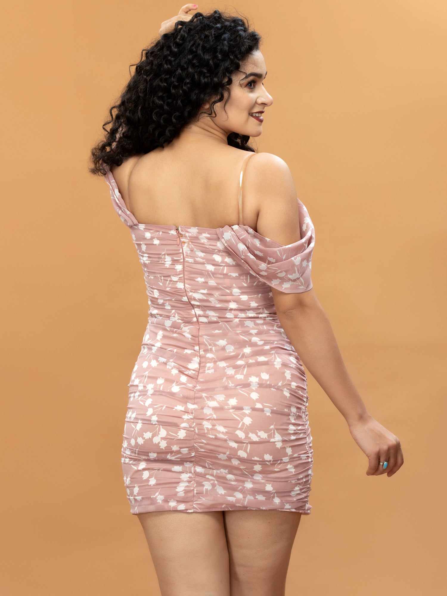printed pink slim off shoulder dress