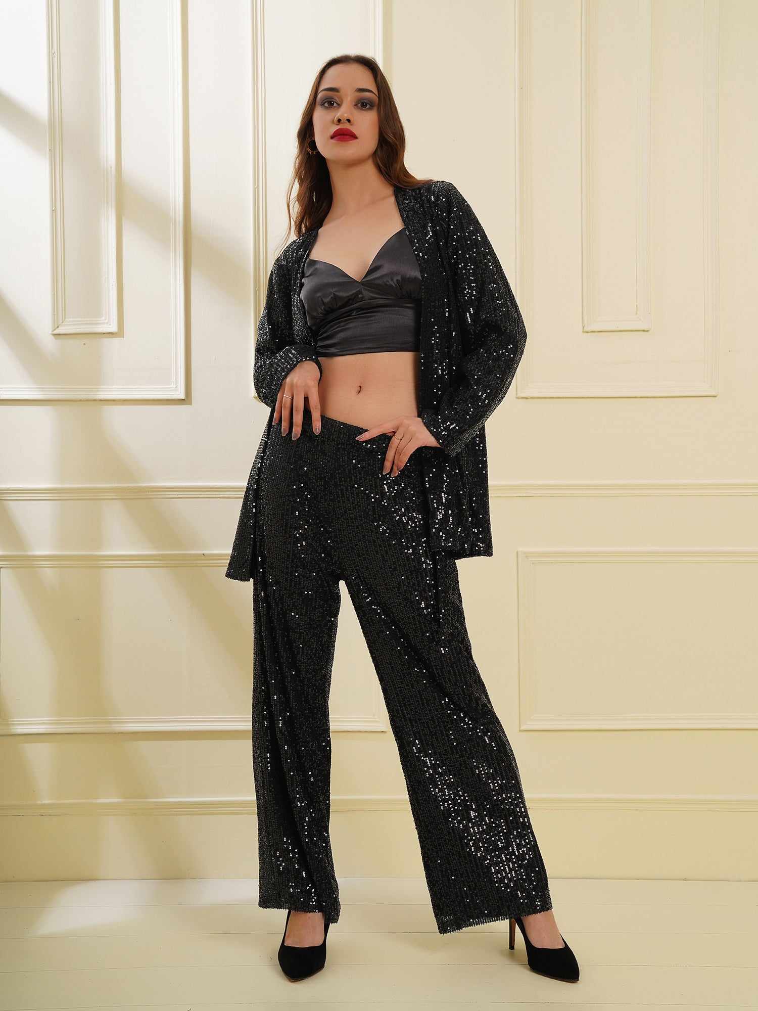 glittering sequined tulle high rise pants