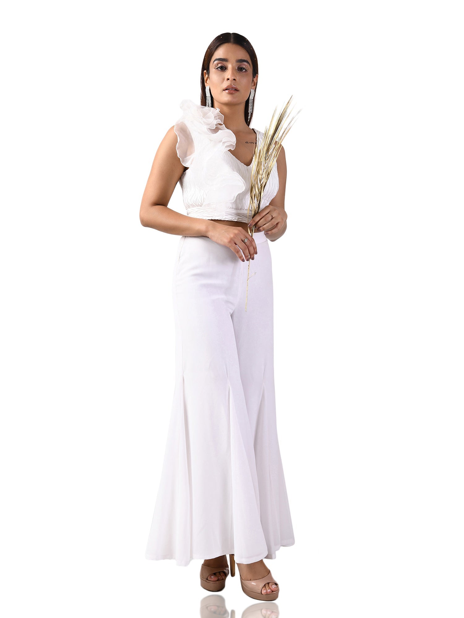 one shoulder ruffles white top