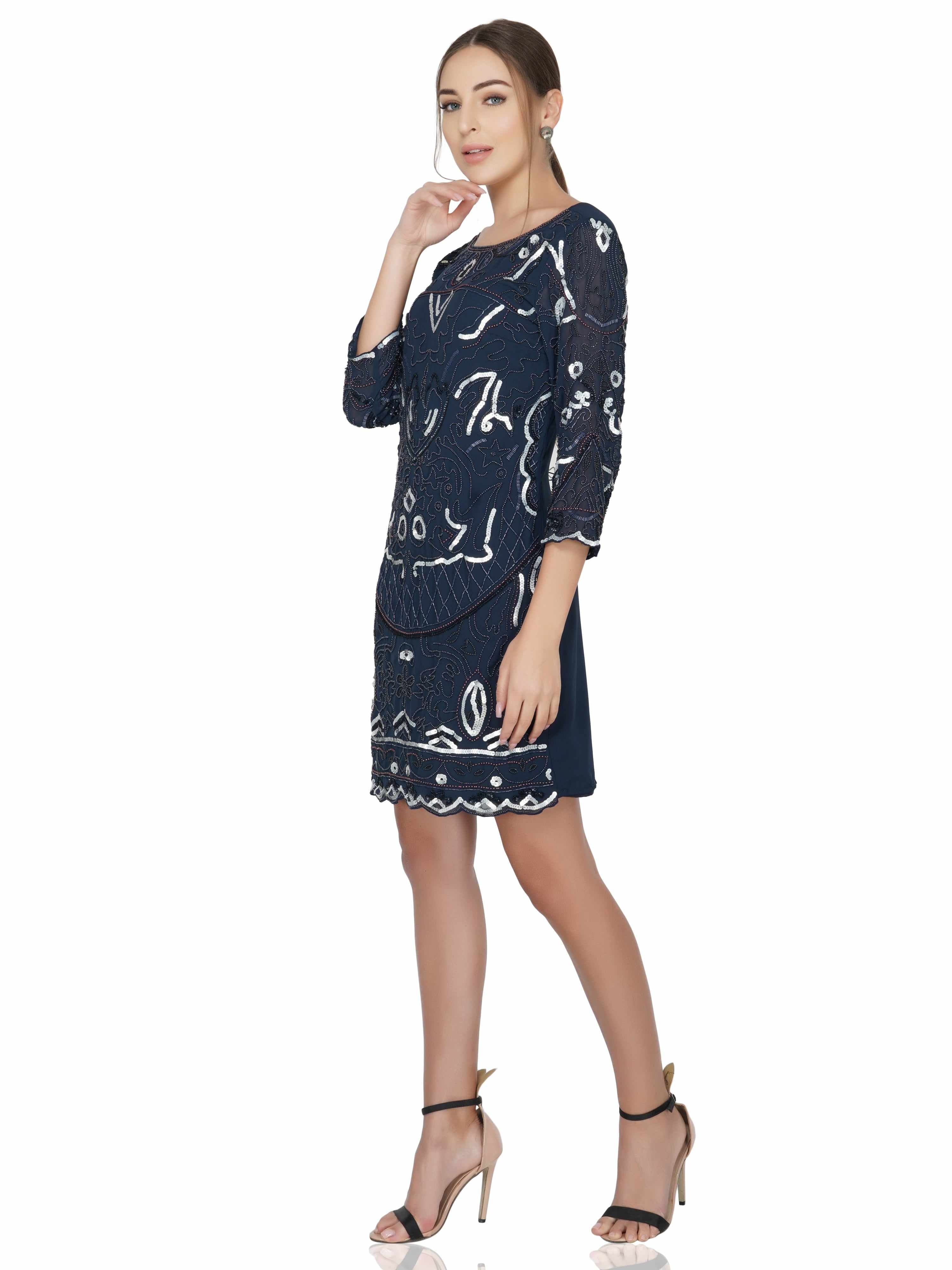 navy amp white embellished tulle stretch dress