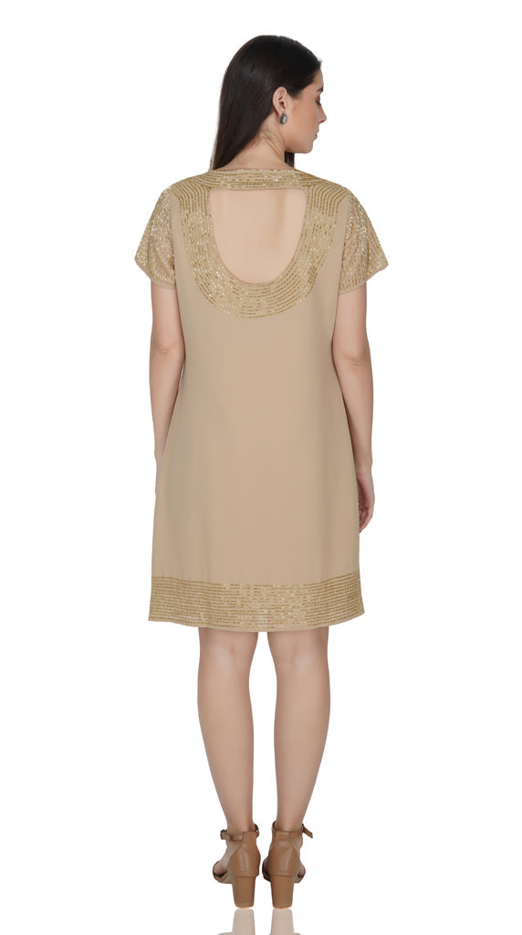 golden beaded short sleeved beige dress