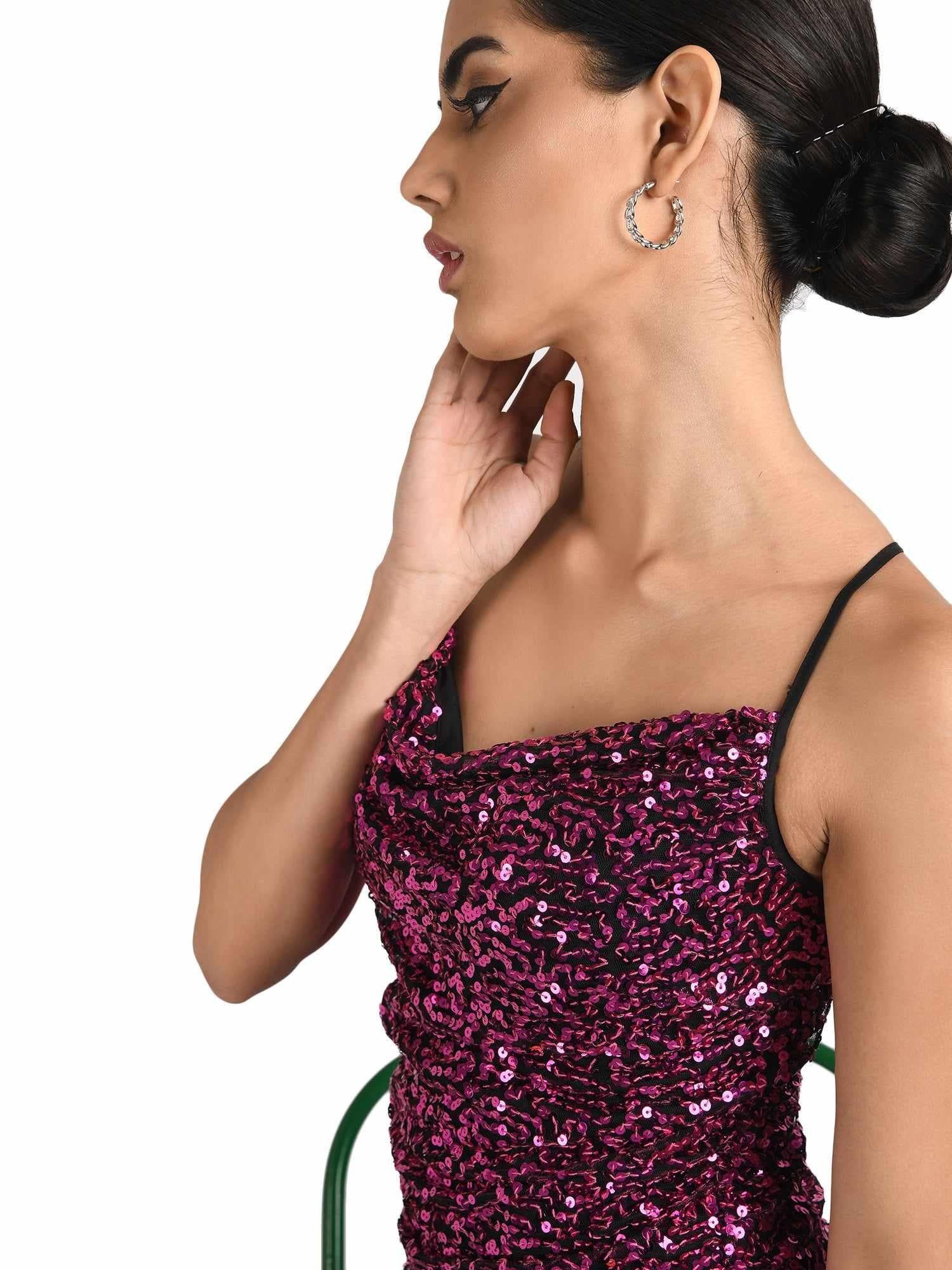 Hot Pink Ruched Cowl Neckline Dress