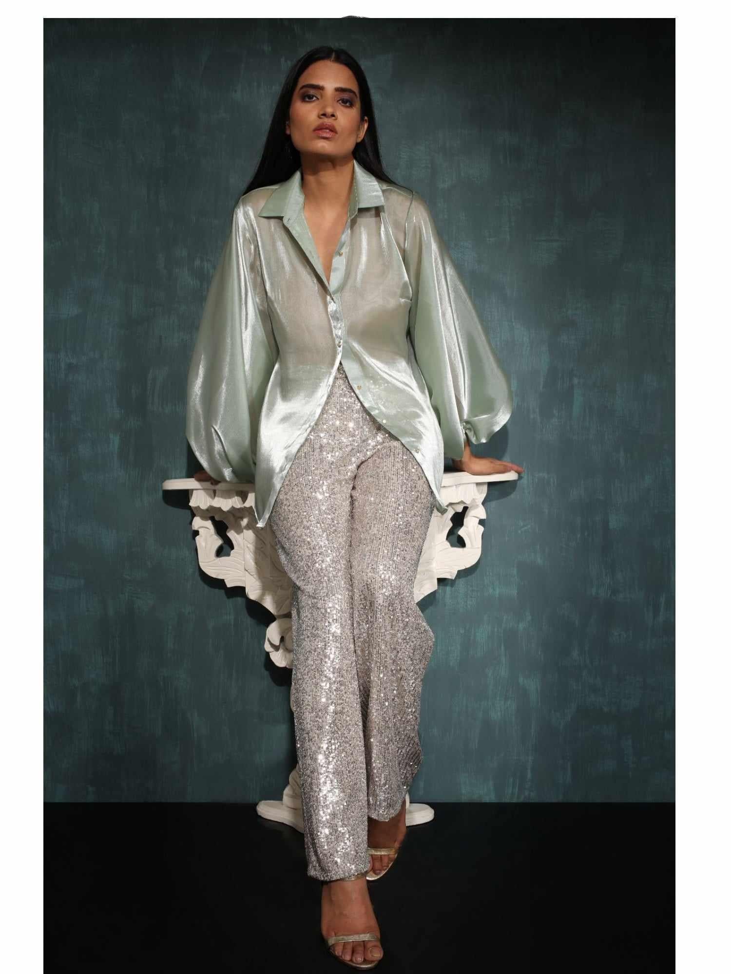 lime green billowy sleeved glass organza shirt
