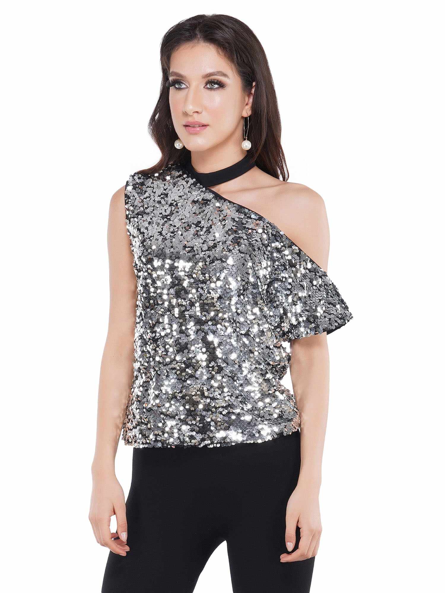 glittering cutout sequined tulle top