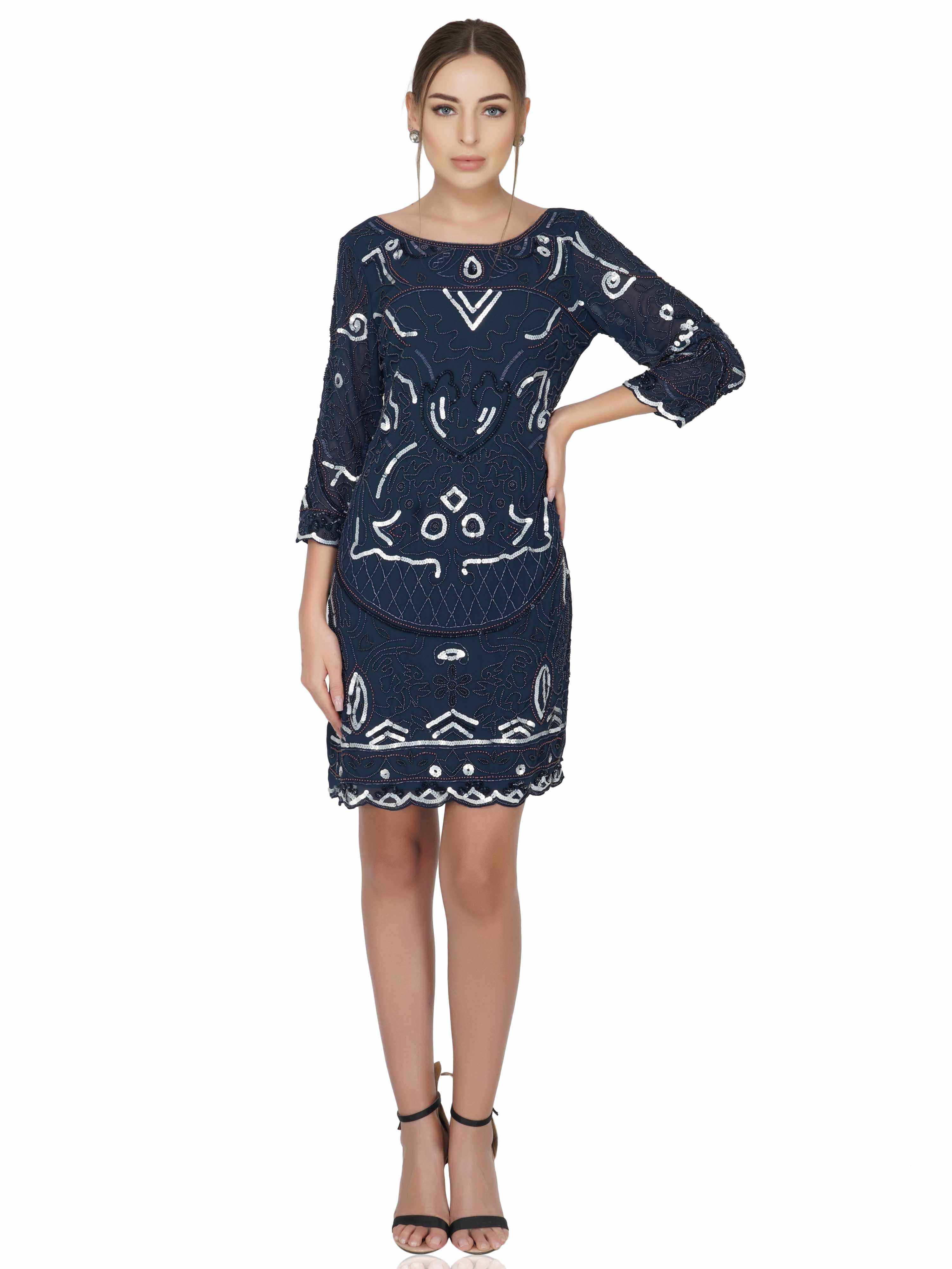 navy amp white embellished tulle stretch dress