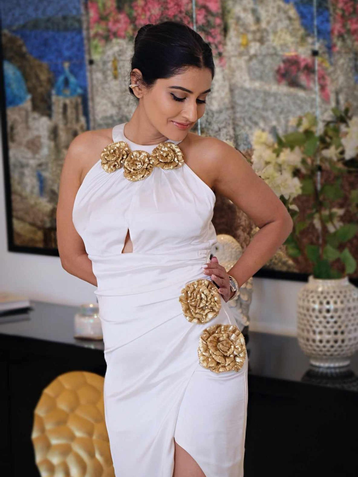 ivory gardenia white and gold floral dress