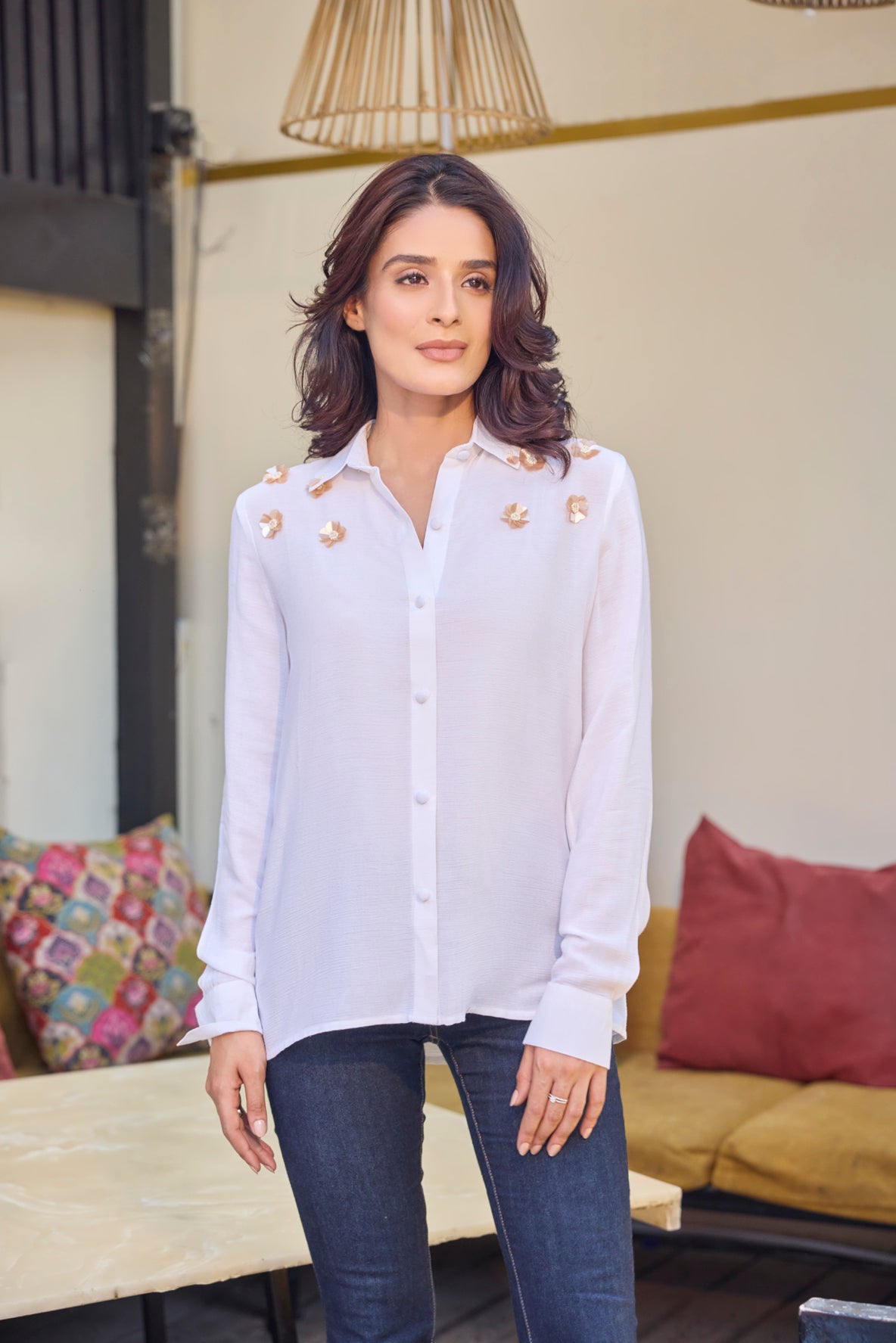 beige on White Embellished Shirt