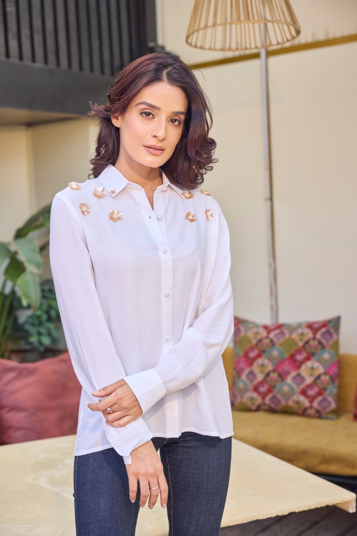 beige on White Embellished Shirt