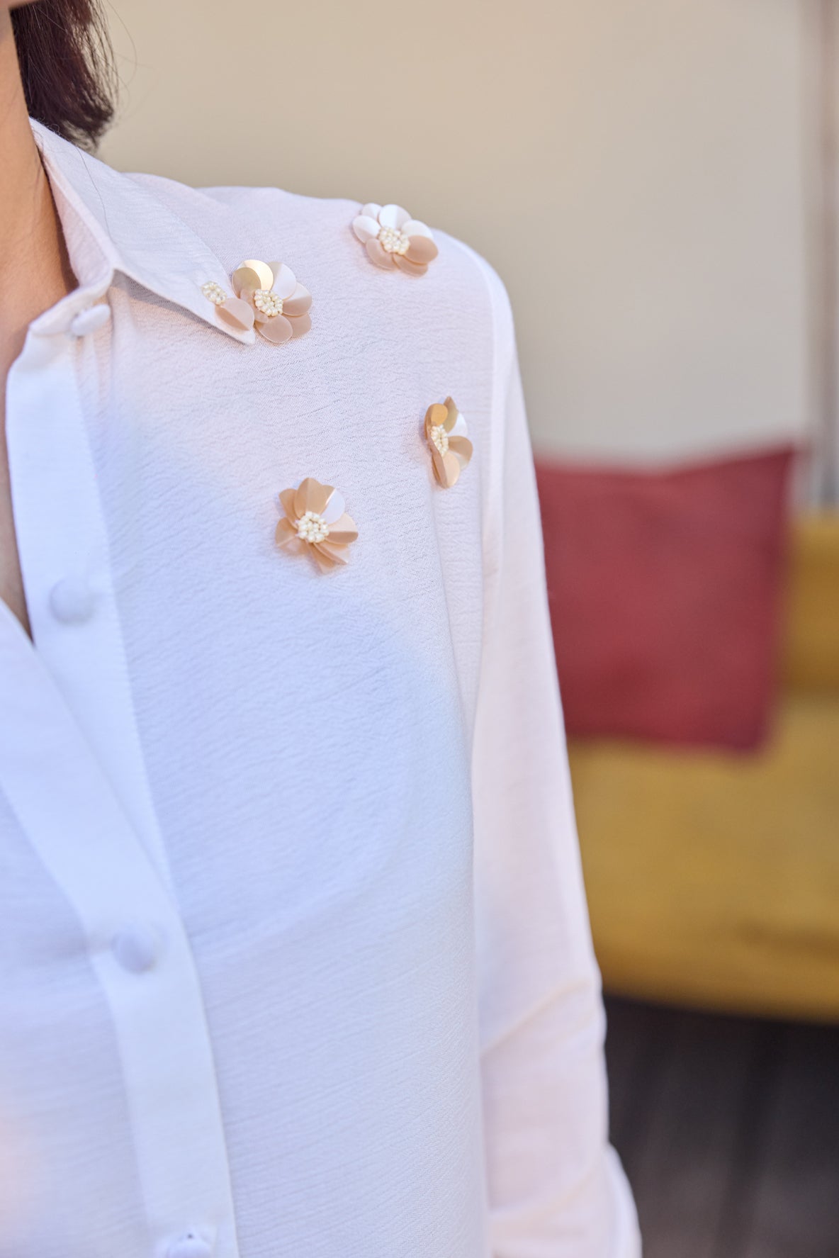 beige on White Embellished Shirt
