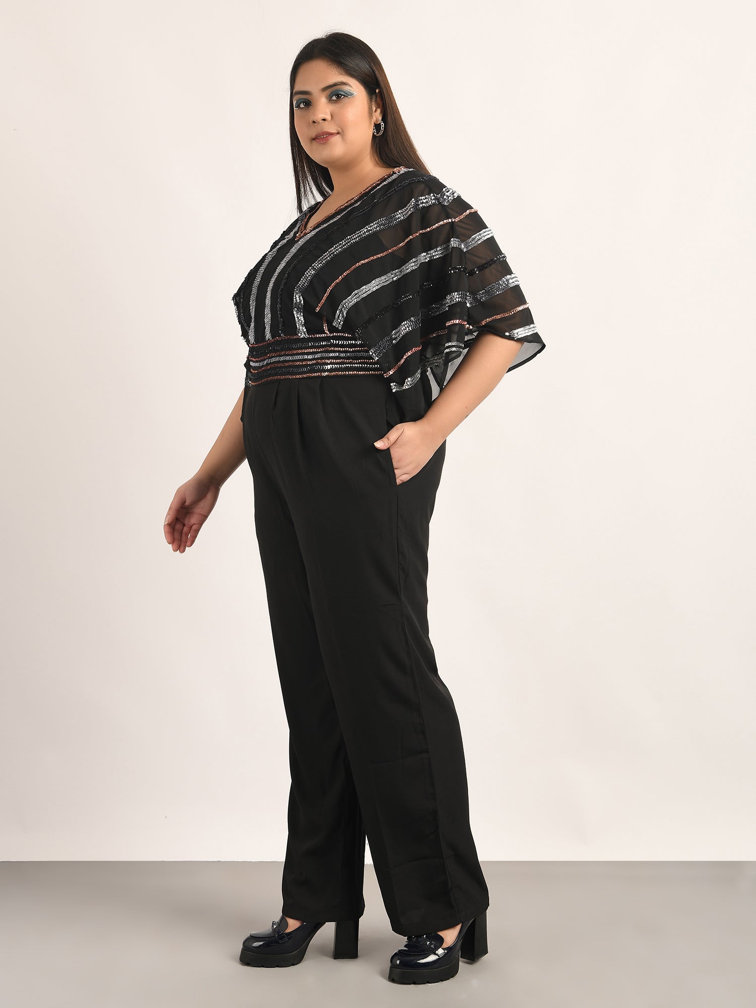 attic curves flutter sleeve rainbow sequin jumpsuit