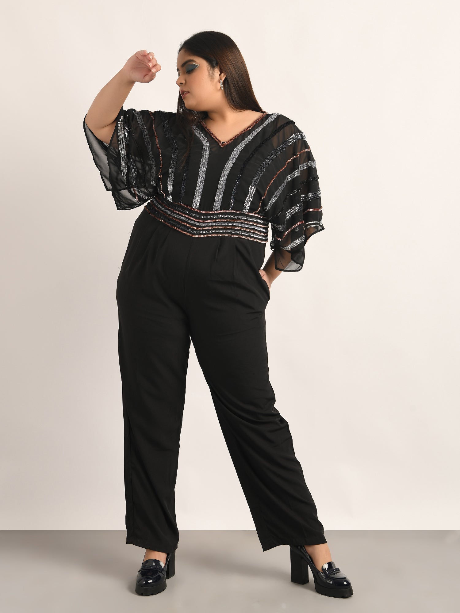 attic curves flutter sleeve rainbow sequin jumpsuit