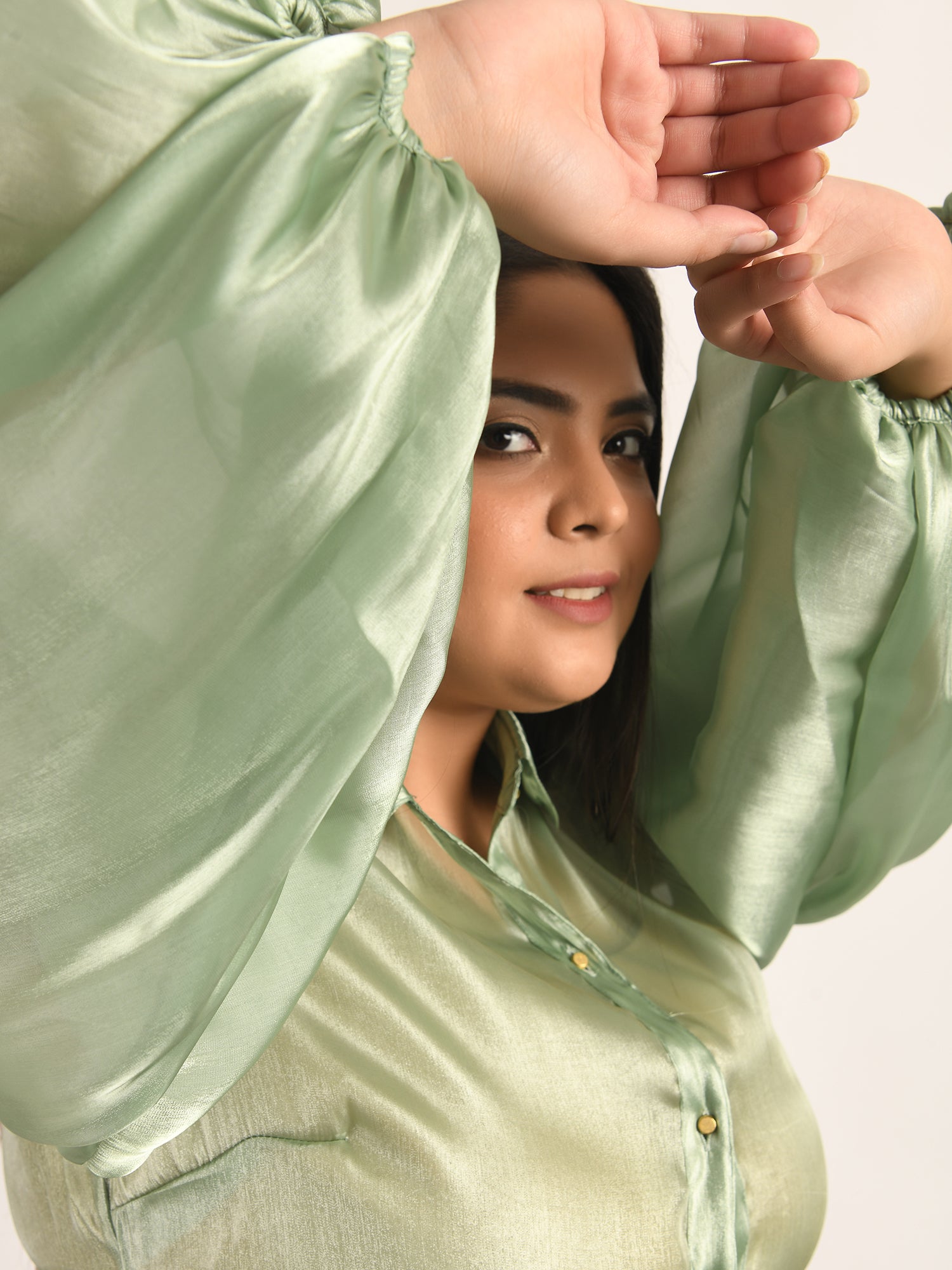 attic curves lime green billowy sleeved glass organza shirt