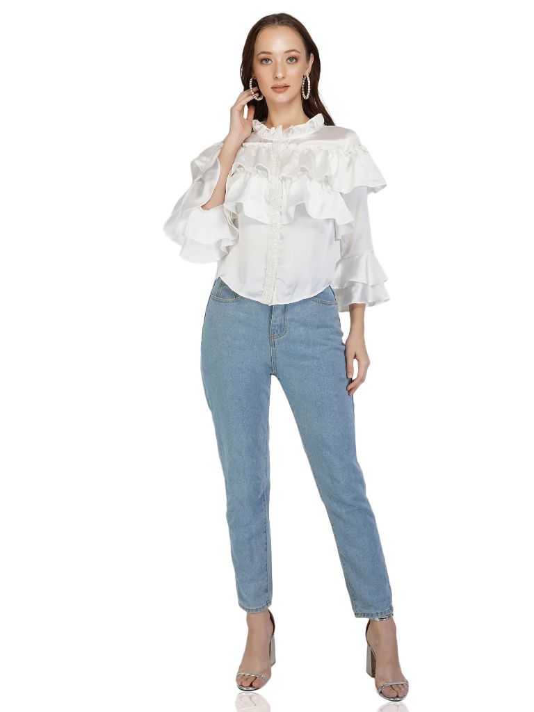 white satin ruffle top