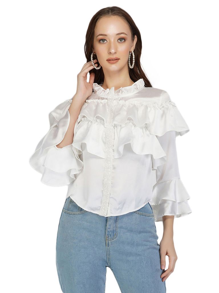 white satin ruffle top