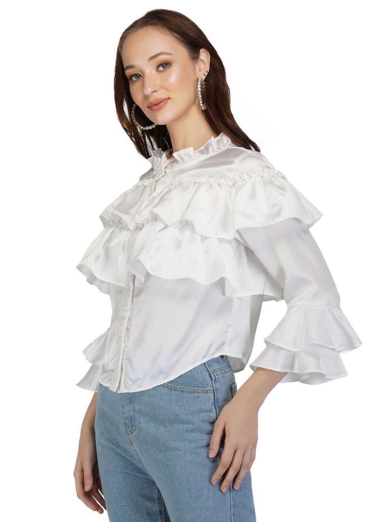 white satin ruffle top