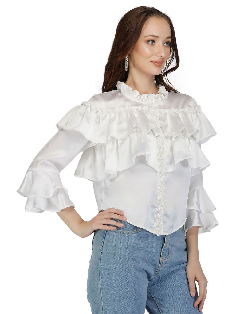 white satin ruffle top