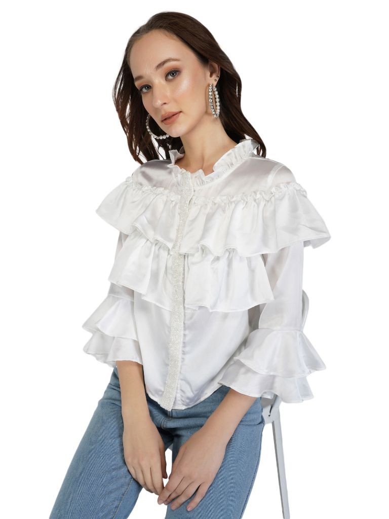 white satin ruffle top