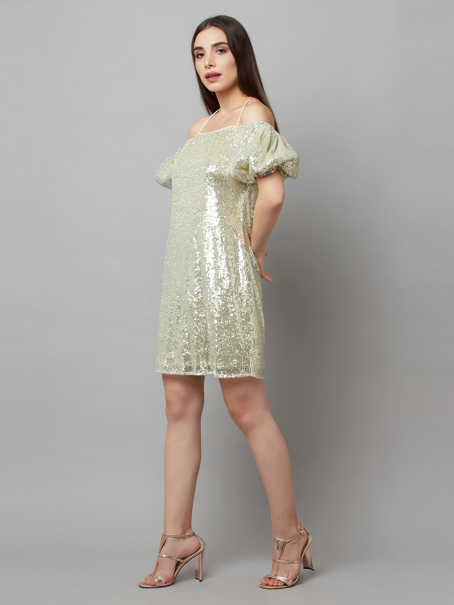 glistening puffed sleeve dress