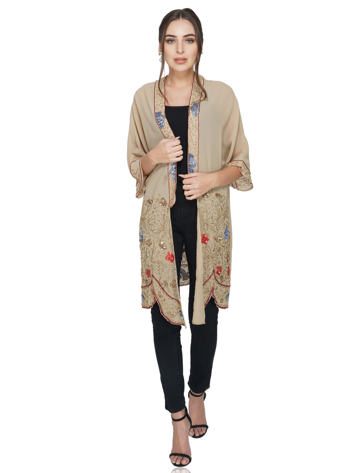 beige shrug with contrast embroidery