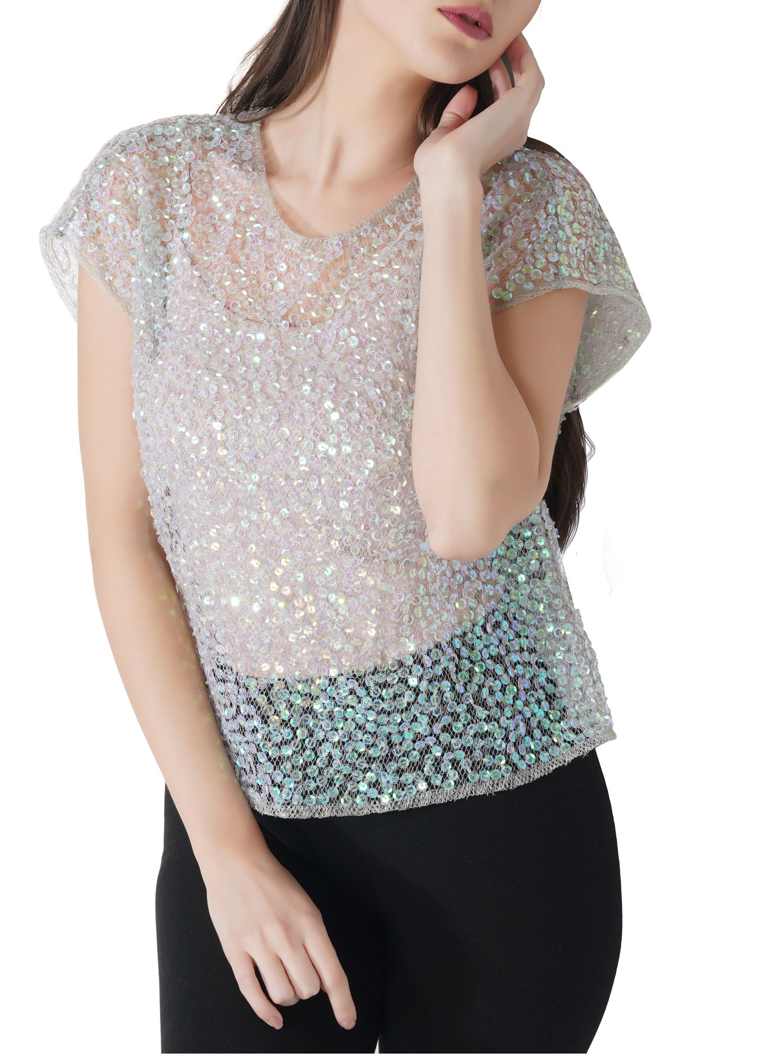 Attic Salt D Rainbow Sequin Mesh Top