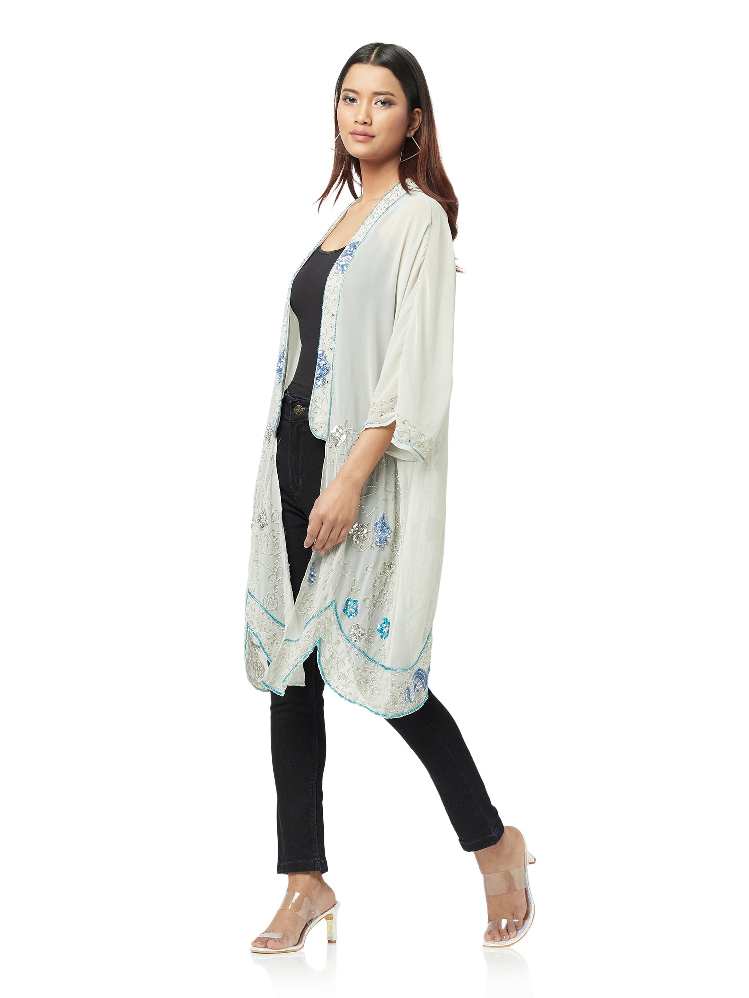 grey shrug with contrast embroidery