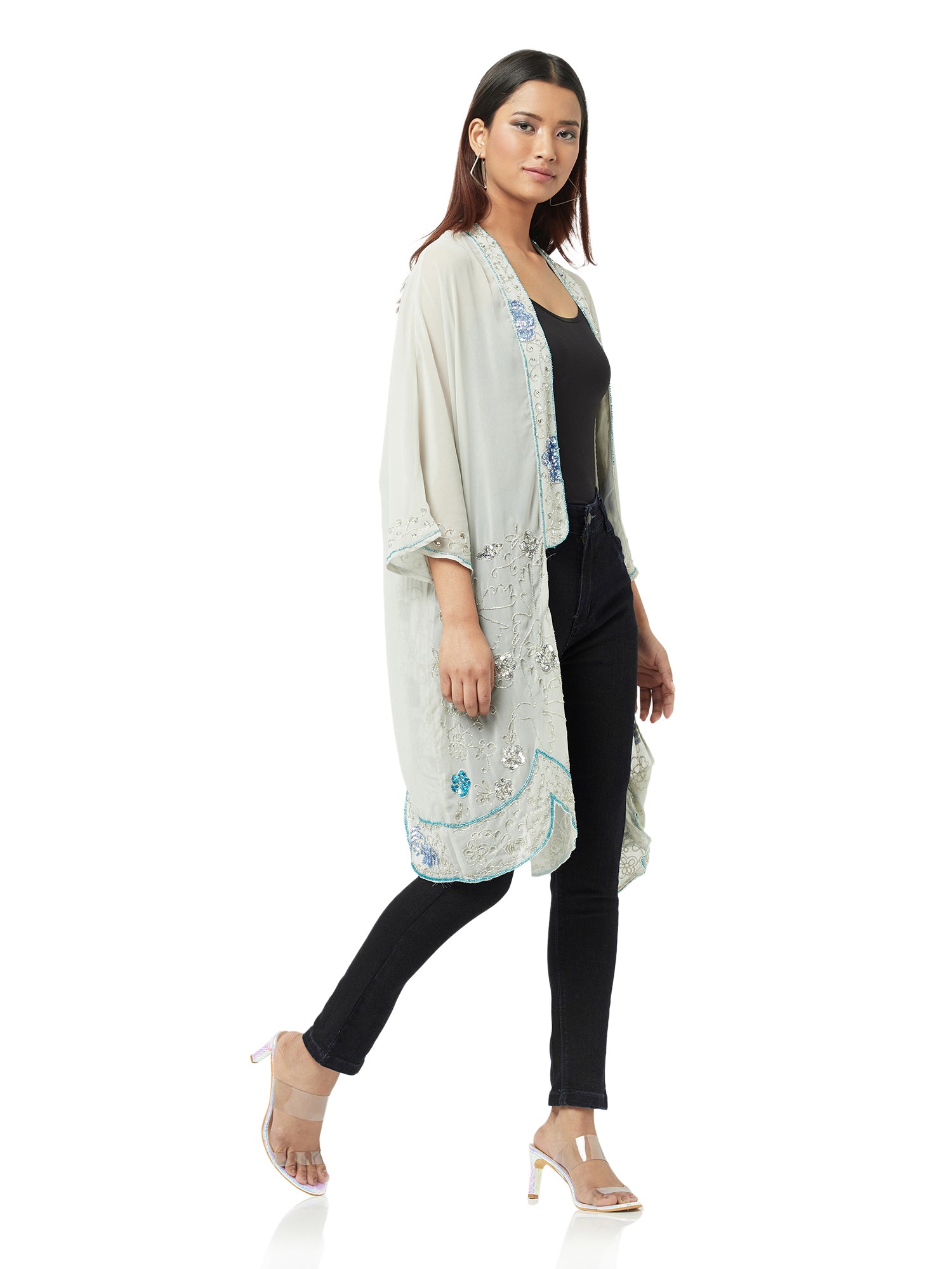 grey shrug with contrast embroidery