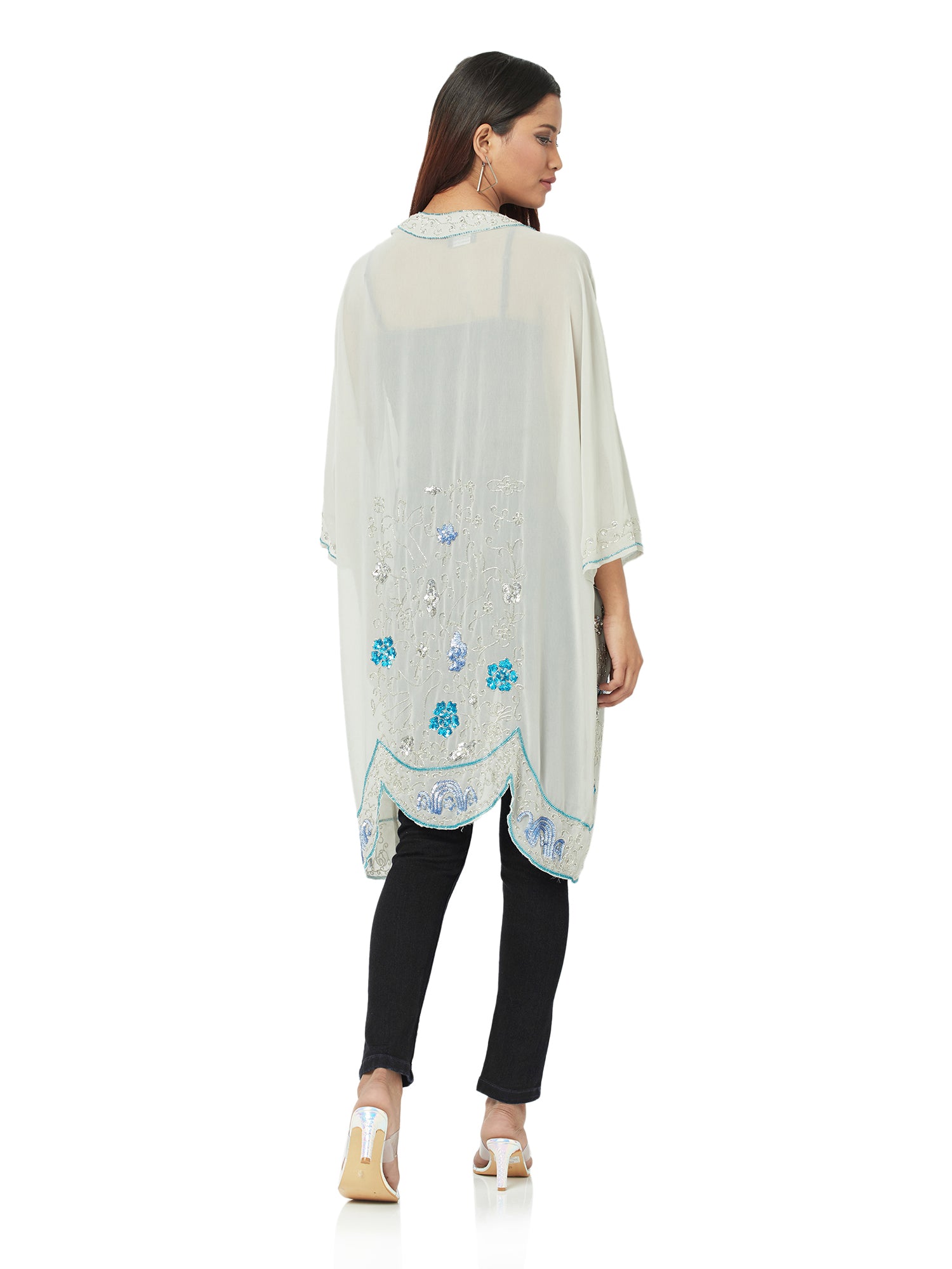 grey shrug with contrast embroidery