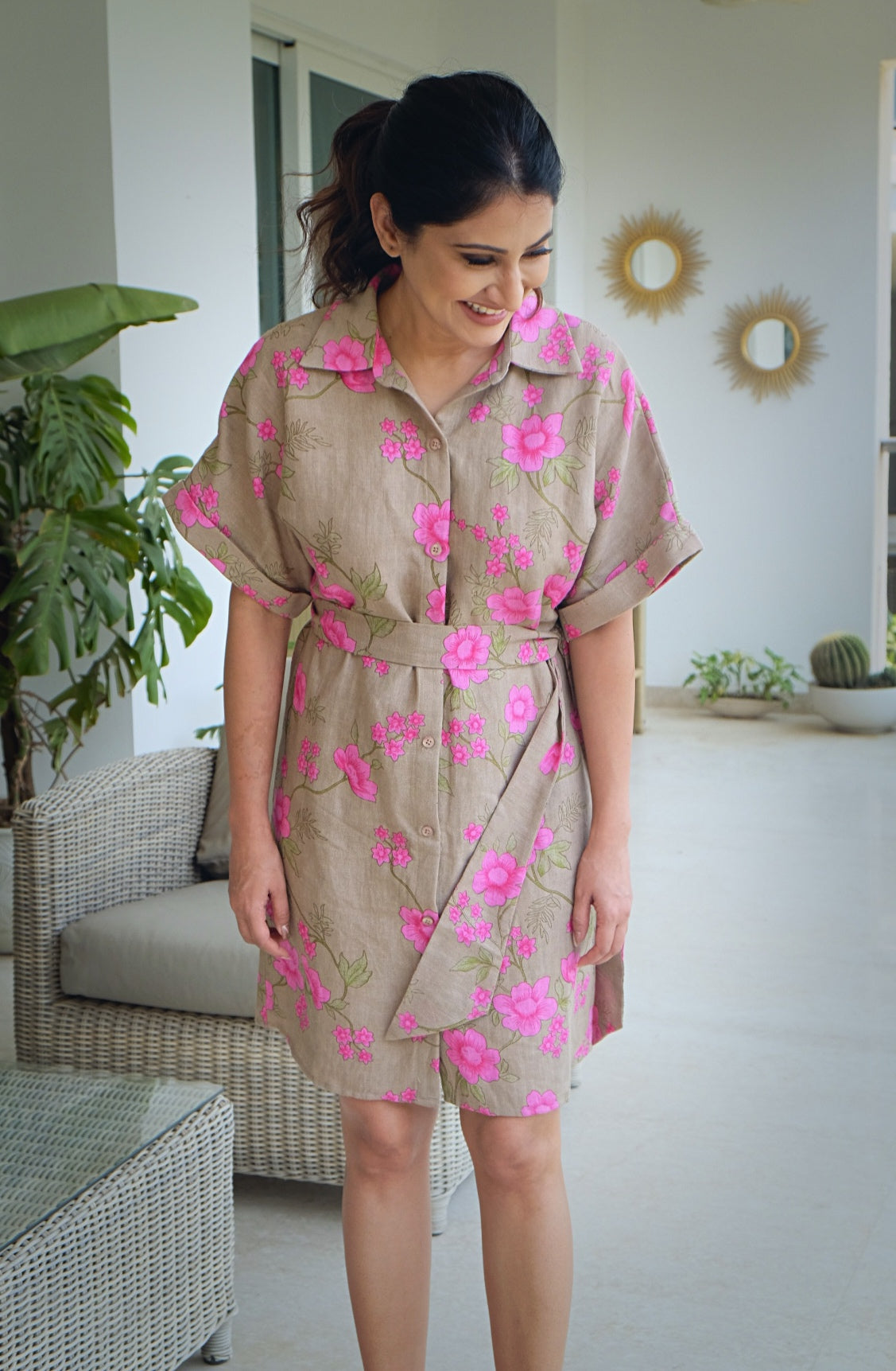 Pink Floral Mini Beige Dress