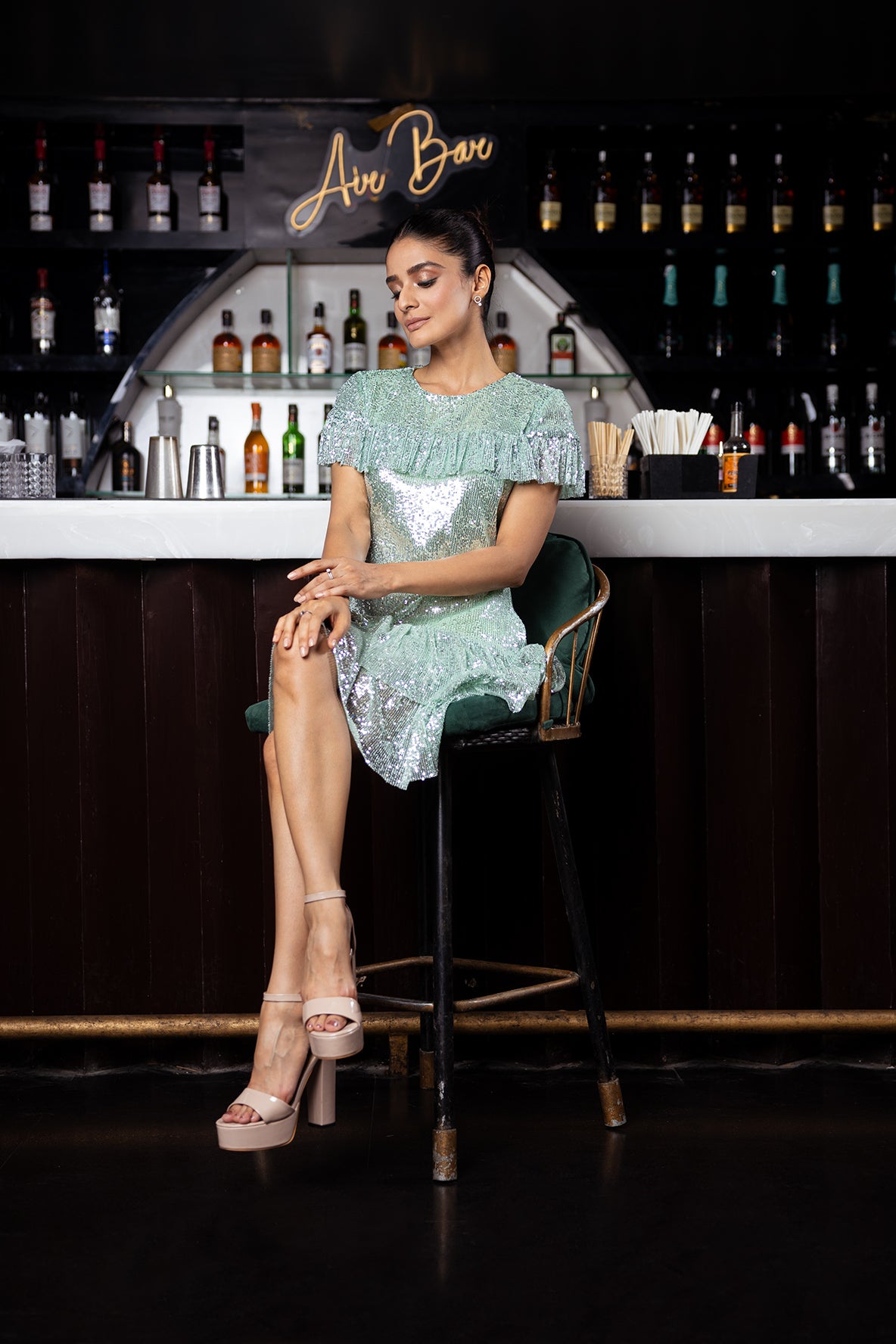 PRETTY PLEASE GREEN RUFFLE DRESS
