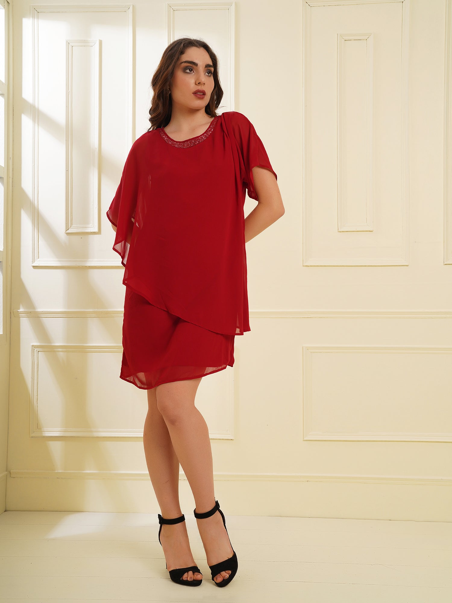 attic curves popover red dress with neck embellishment