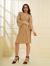 Attic Curves Pleated Beige Wrap Knit Dress