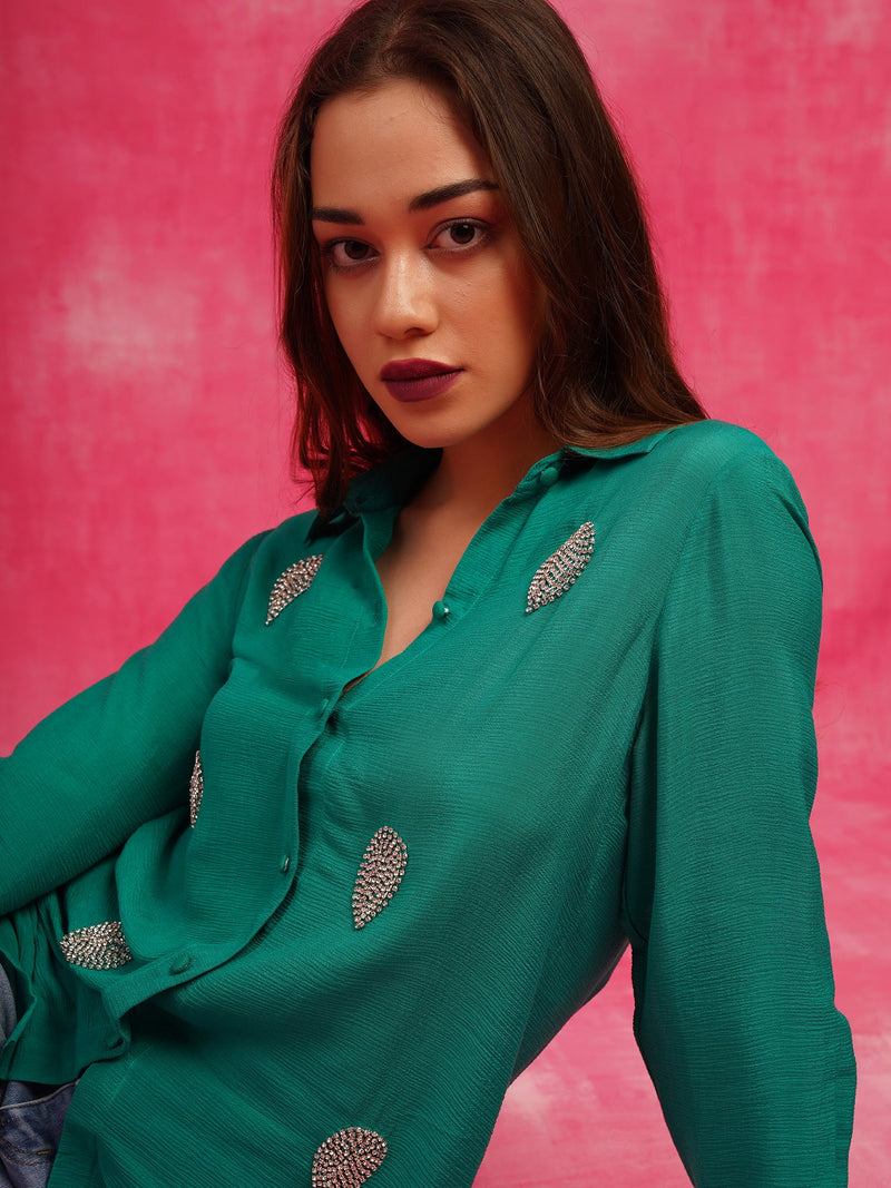Attic Curves Deluxe Embellished Green Shirt