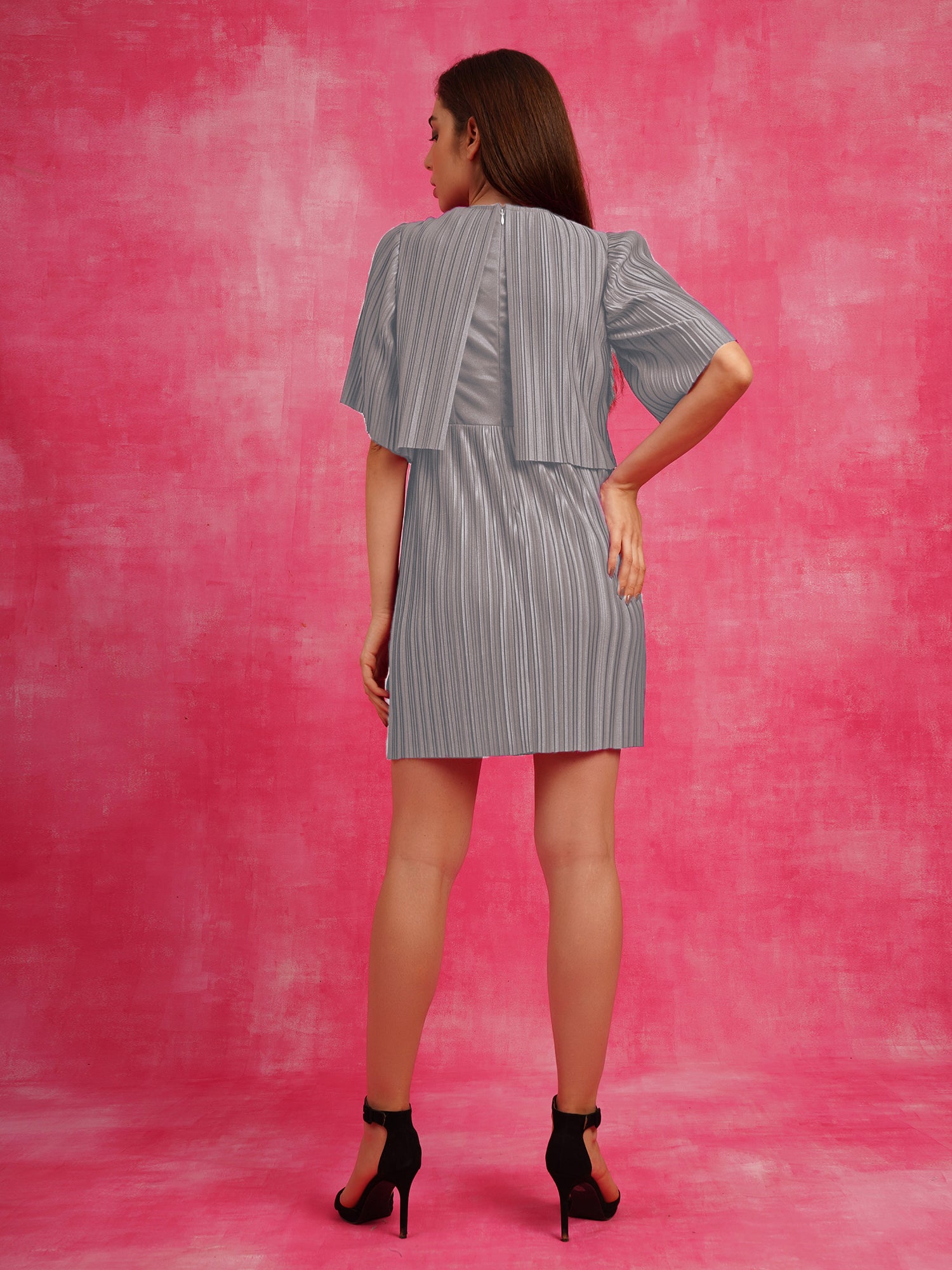 Pure Elegance Pleated Grey Cape Dress