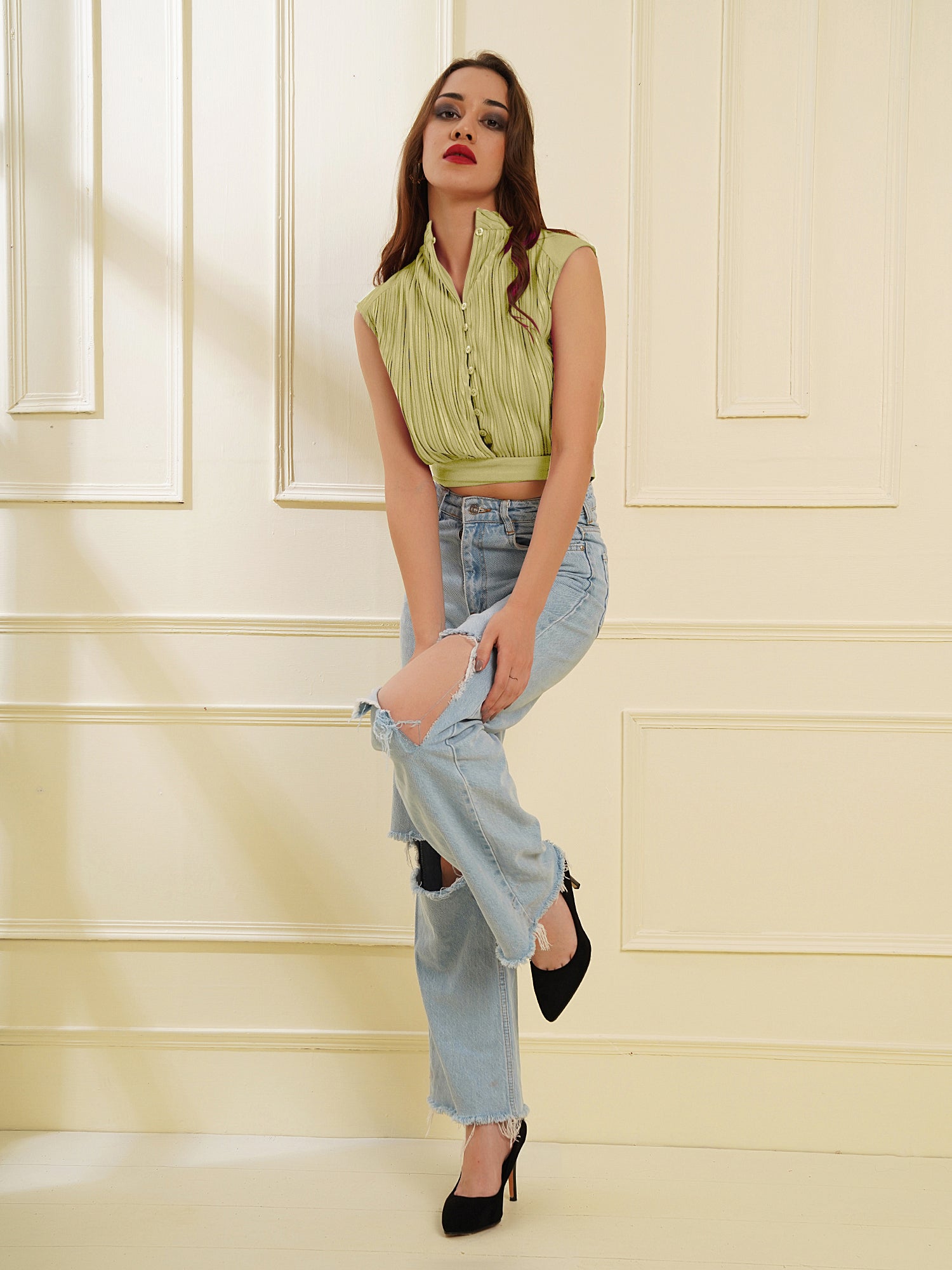 Light Green Pleated Crop Top