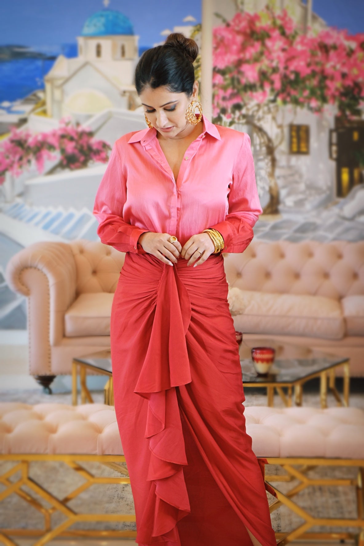 RED AND PINK DHOTI OMBRE SHIRT CO-ORD DRESS