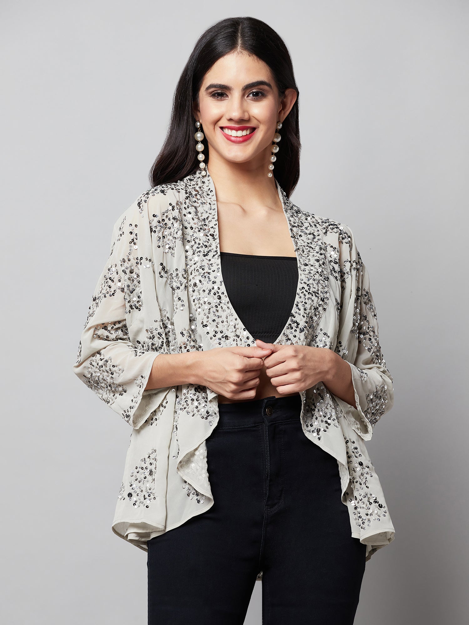 attic curves pale grey shrug with sequin work