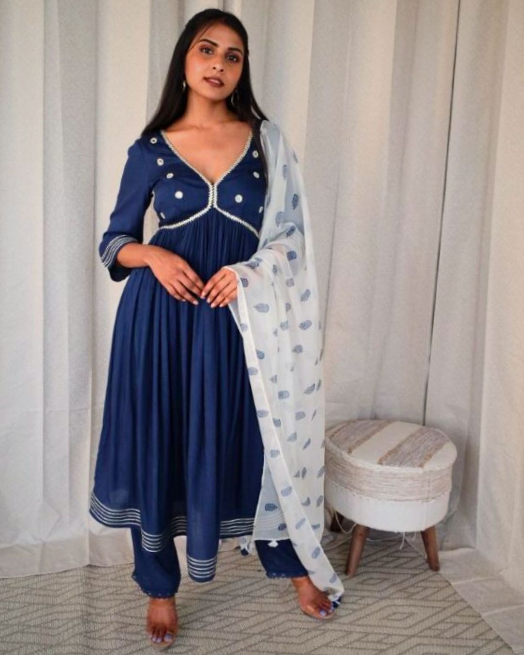 NAVY NYRA CUT FIT AND FLARE SUIT SET WITH DUPATTA