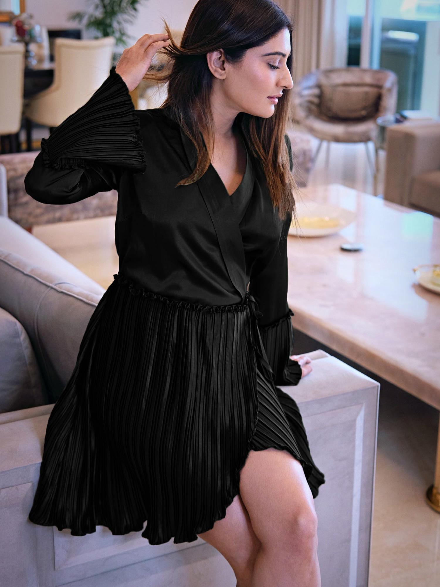 Pleated Wrap Black Dress