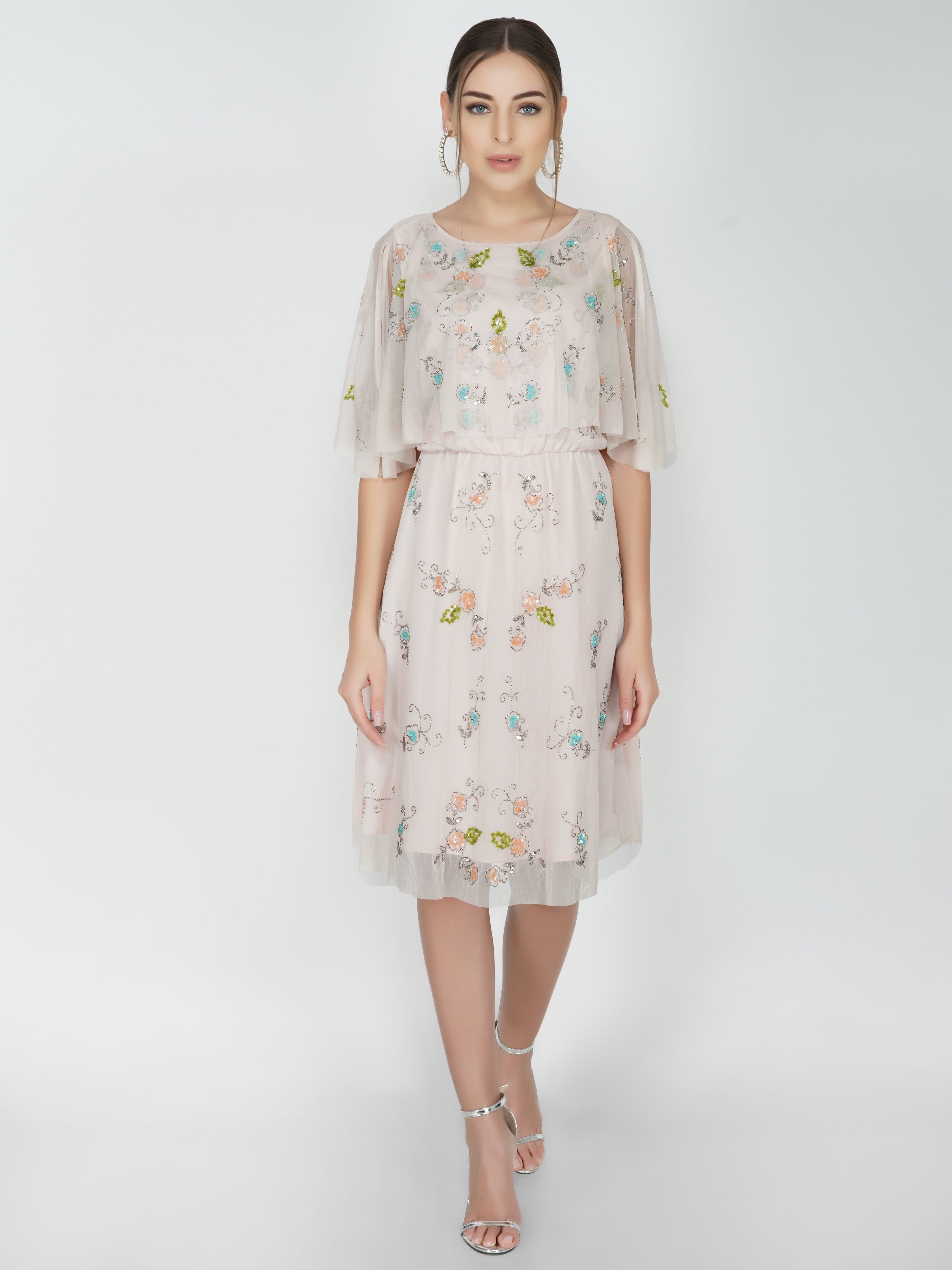 Multi coloured embroidered tulle popover dress