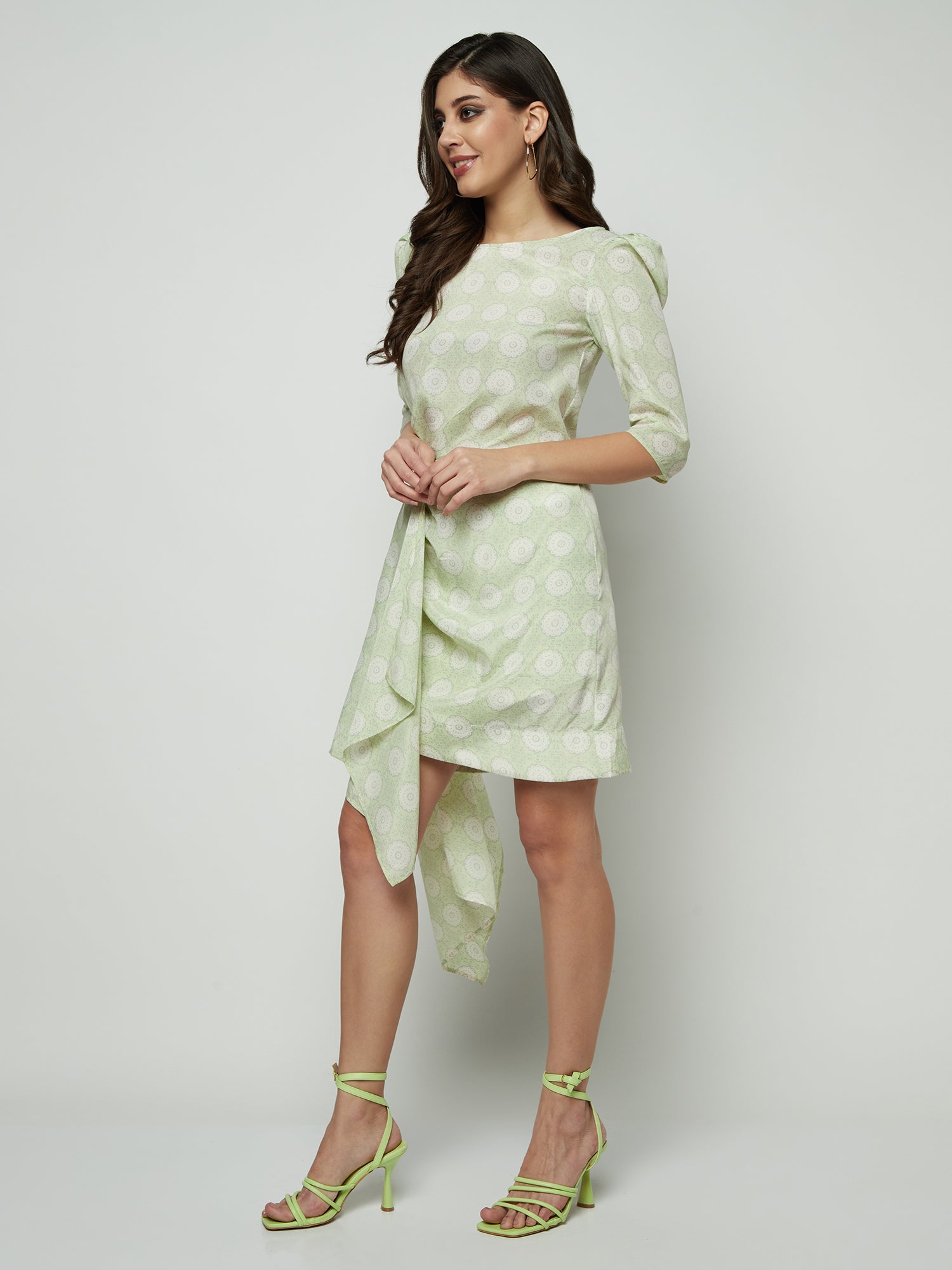 SUMMER DRAPPED WRAP-EFFECT LIGHT GREEN PRINTED MINI DRESS