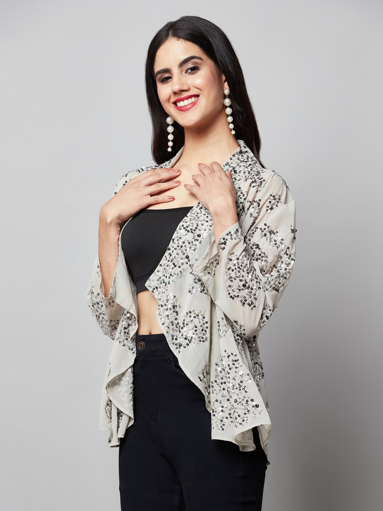 attic curves pale grey shrug with sequin work