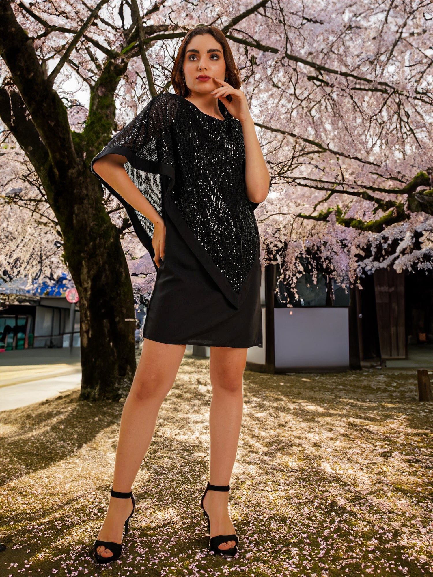 Sequin Popover Black On Black  Georgette Dress