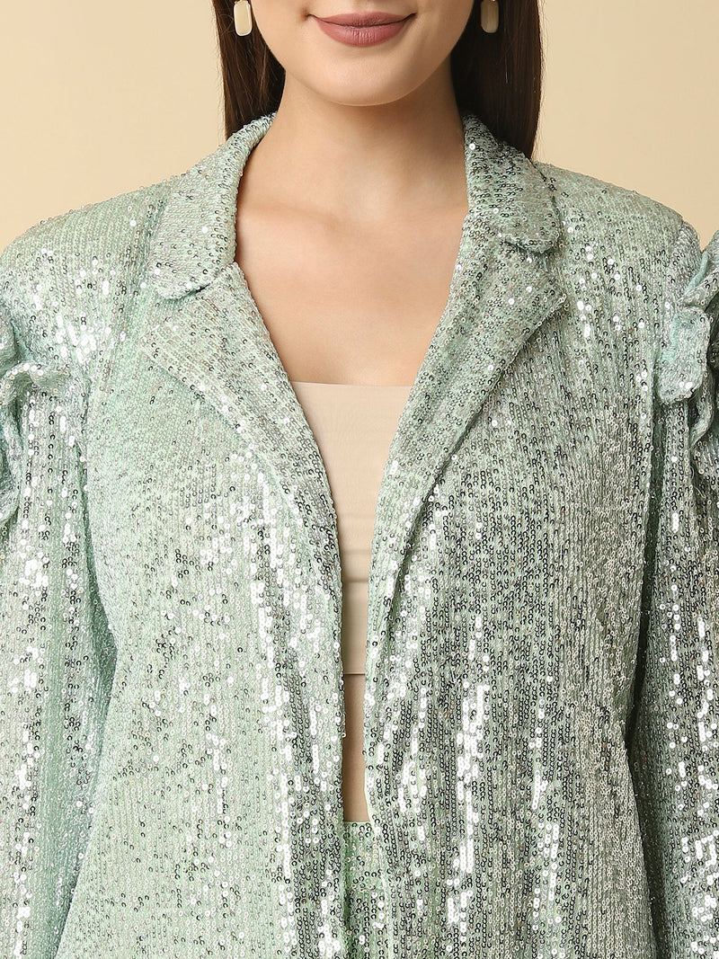 Attic Curves Floral Sequins Green Blazer